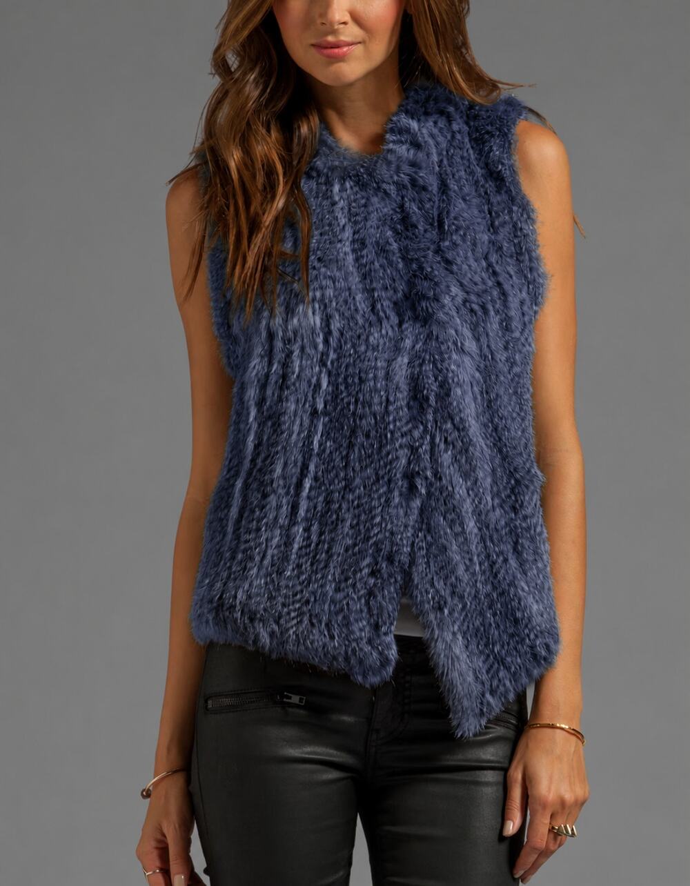 Joie Andoni Knitted Rabbit Fur Vest Womens S Blue Sapphire Real Fur Dyed $798